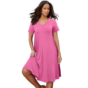 Roaman's Women's Plus Size Petite Ultrasmooth V Neck Swing Dress - 1 of 4