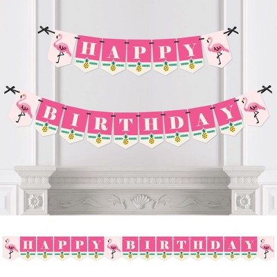 Big Dot of Happiness Pink Flamingo - Party Like a Pineapple - Tropical Summer Birthday Party Bunting Banner - Pink Party Decorations - Happy Birthday