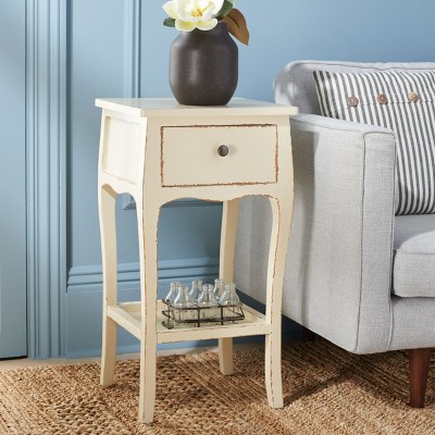Vintage Cream Rectangular Wood End Table with Storage
