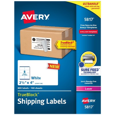 Avery TrueBlock Laser Shipping Labels 2-1/2" x 4" White 8 Labels/Sheet 100 Sheets/Box 800 Labels/Box