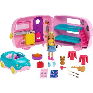 Barbie Club Chelsea Toy Car & Camper Playset, Blonde Chelsea Small Doll, Puppy & 10+ Accessories - 1 of 4