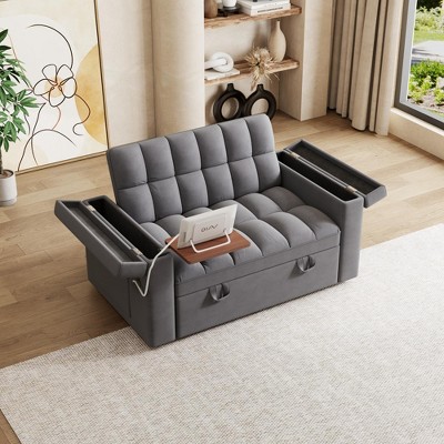 65-inch Velvet 3-in-1 Foldable Sofa Bed with Adjustable Backrest, Hidden Laptop Desk, USB Port, Storage Bag and Pillows