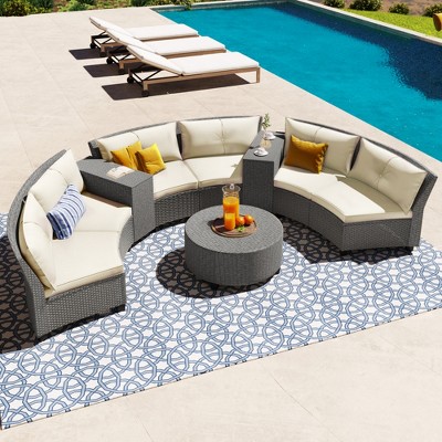 9PCS Patio Fan-shaped PE Rattan Conversation Set with Cushions and Table- ModernLuxe