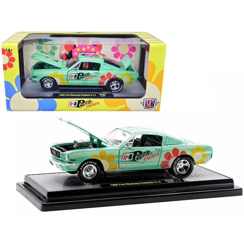 1966 Ford Mustang Fastback 2+2 Seafoam Green and Light Green Striped with Flower Graphics 1/24 Diecast Model Car by M2 Machines, 1 of 4