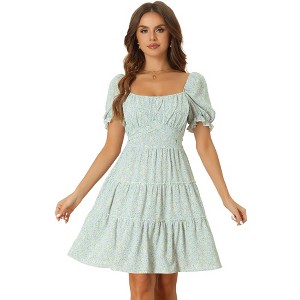 Allegra K Women's Summer Tiered Floral Square Neck Puff Sleeve Tie Back Flowy Mini Dress - 1 of 4