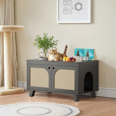 MAYEERTY 31¡Á20 Inch Flip-Top Hidden Cat Box Cabinet - With Rattan Doors & Dual Entrances (Black)