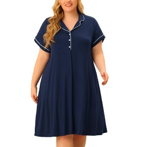 Women's Plus Size Lapel Short Sleeve Button Down Lounge Midi Nightgown - Agnes Orinda - 1 of 4