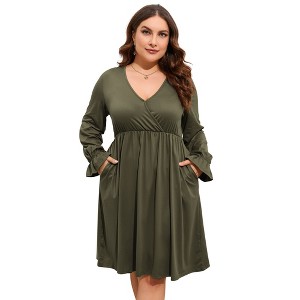 Clearlove Women's 2025 Plus Size Casual Dress V Neck Long Sleeve Dress Maxi Dresses with Pockets - 1 of 4