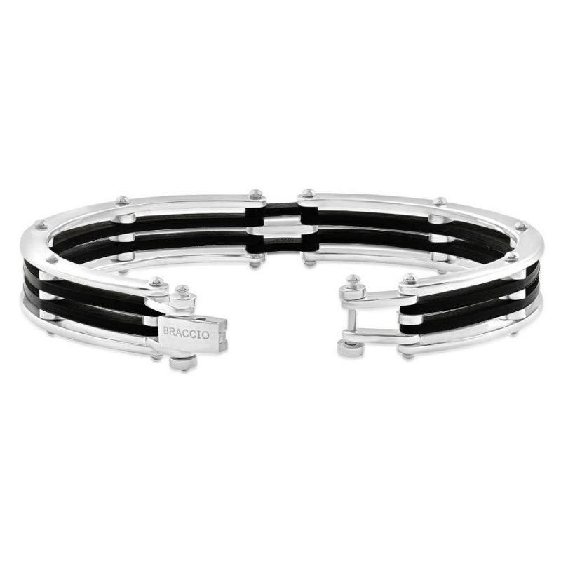 Pompeii3 Men's Steel And Black Silicone Latched 8" 13.5mm " Cuffed Bracelet, 2 of 4