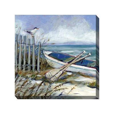 Cottage Garden West of The Wind Shore Break Blue, Tan, Green 24 x 24 Inch Waterproof Gallery Wrapped Canvas, Outdoor Garden, Yard, Patio All Weather