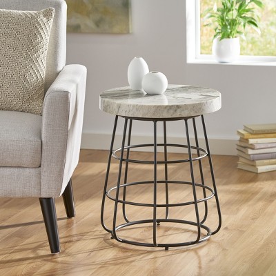 KTMBDW Side Table, Round End Table for Living Room, Bedroom, Nightstand with Steel Frame for Small Spaces, Accent Coffee Table, Black&Gray
