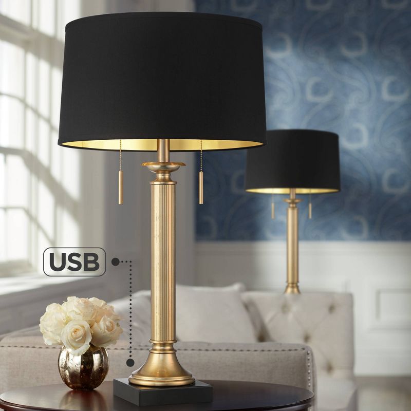 Possini Euro Design Wynne 30" Tall Large Traditional Glam End Table Lamps Set of 2 Dual USB Ports Gold Metal Black Shade Living Room Charging Bedroom, 2 of 10
