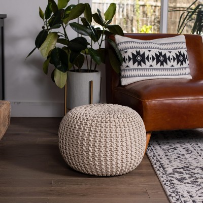 Natural Hand-Knitted Cotton Bean Bag Pouf - 19" Round
