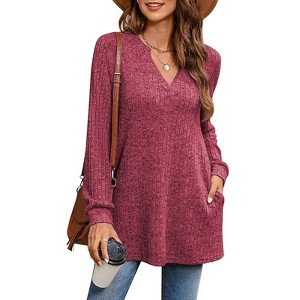 Women's Oversized Ribbed Knit Sweater Long Sleeve Tunic Top with Side Slit & Pocket - Soft Fall Winter Casual Pullover Shirt for Christmas - 1 of 4