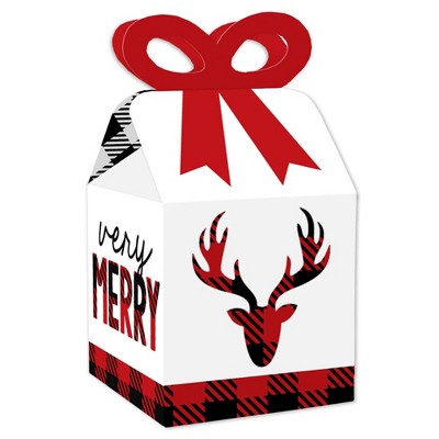 Big Dot of Happiness Prancing Plaid - Square Favor Gift Boxes - Reindeer Holiday and Christmas Party Bow Boxes - Set of 12