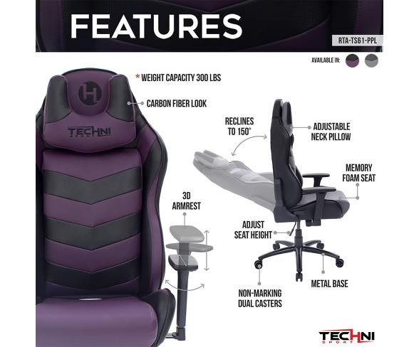 Ergonomic High Back Racer Style Video Gaming Chair Purple - Techni Sport