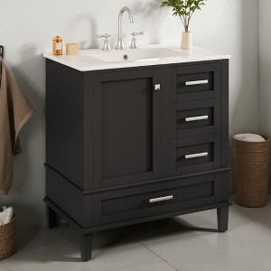 Mshliw 30" Modern Bathroom Vanity with Sink, 1 Soft-Close Door, 3 Drawers, Solid Wood Frame & Storage Shelves, Freestanding Cabinet - 1 of 4