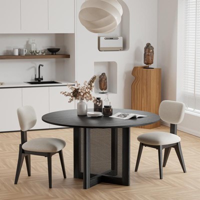 PexFix 52" x 52" Farmhouse Kitchen Dining Room Table Furniture Round Black Kitchen Table with Rattan Woven Legs for Kitchen Bar Living Room