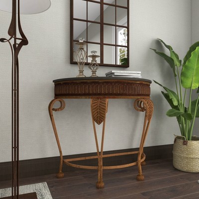 Gold Metal Demilune Console Table with Ornate Scroll Legs