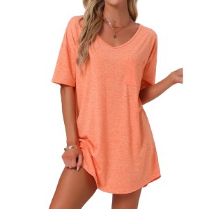 INSPIRE CHIC Women's Soft V Neck Curved Hem Comfy Oversized Nightshirt with Chest Pocket - 1 of 4