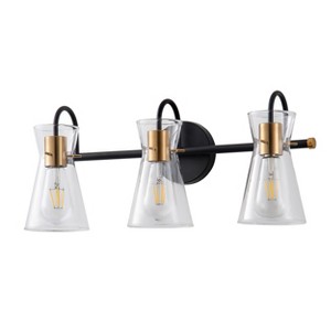 Dewdrop Minimalist 3-Light Vanity Wall Fixture, Black and Gold Industrial Sconce with Clear Glass Lampshades - 1 of 4