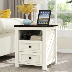 MUUEGM 18" Farmhouse Nightstand| Rustic Wooden End Table with 2 Drawers and Charging Station - 1 of 4