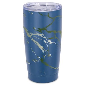 Elanze Designs 20 oz Stainless Steel On the Go Insulated Travel Tumbler With Push Top Lid, Forest Green Marble Print Blue - 1 of 4