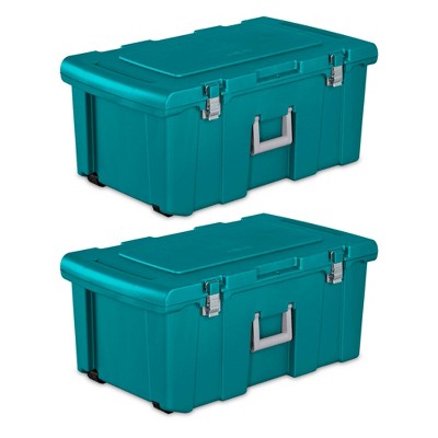 Sterilite 16 Gallon Lockable Storage Tote Footlocker Toolbox Container Box  With Wheels, Metal Handles, And Latches, Teal With Gray Clips (2 Pack) :  Target