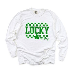 Simply Sage Market Women's Lucky Vibes Checkered Long Sleeve Garment Dyed Tee - 1 of 3