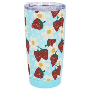 Elanze Designs 20 oz Stainless Steel On the Go Insulated Travel Tumbler With Push Top Lid, Strawberry & Daisy Print Sky Blue - 1 of 4