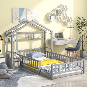 LOVMOR Twin Size Floor Bed with House Shape Headboard and Guardrails,Modern Bedframe w/Slats Support,Nightstand,Gray - 1 of 4