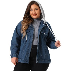 Agnes Orinda Women's Plus Size Denim Detachable Drawstring Hoodie Pockets Jean Jackets - 1 of 4