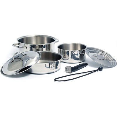 Camco Stainless Steel Nesting Cookware Set- Non Stick Pans and Pots with Removable  Handles, Space Efficient Excellent for RVs and Compact Kitchen, 10-Piece Set  (43921) 