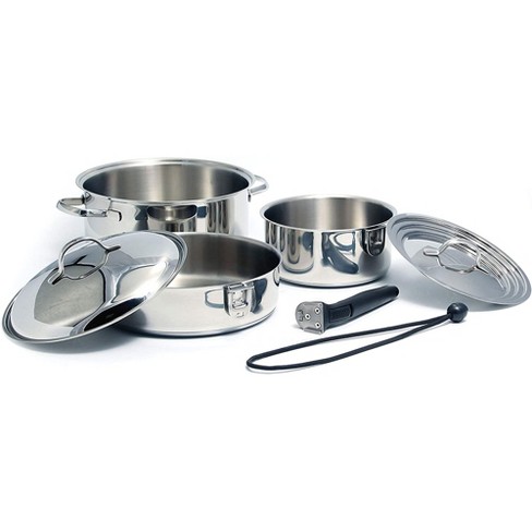 Camco 7 Piece Stainless Steel Cookware Nesting Pots and Pans Set w/Lids,  Detachable Handles & Storage Strap for Camping, Tailgating, and RV