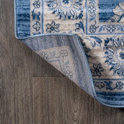 Elegant Vintage Floral 5' Square Blue and Cream Synthetic Area Rug