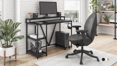 Modern Industrial Walnut Writing Desk with Steel Frame and CPU Caddy