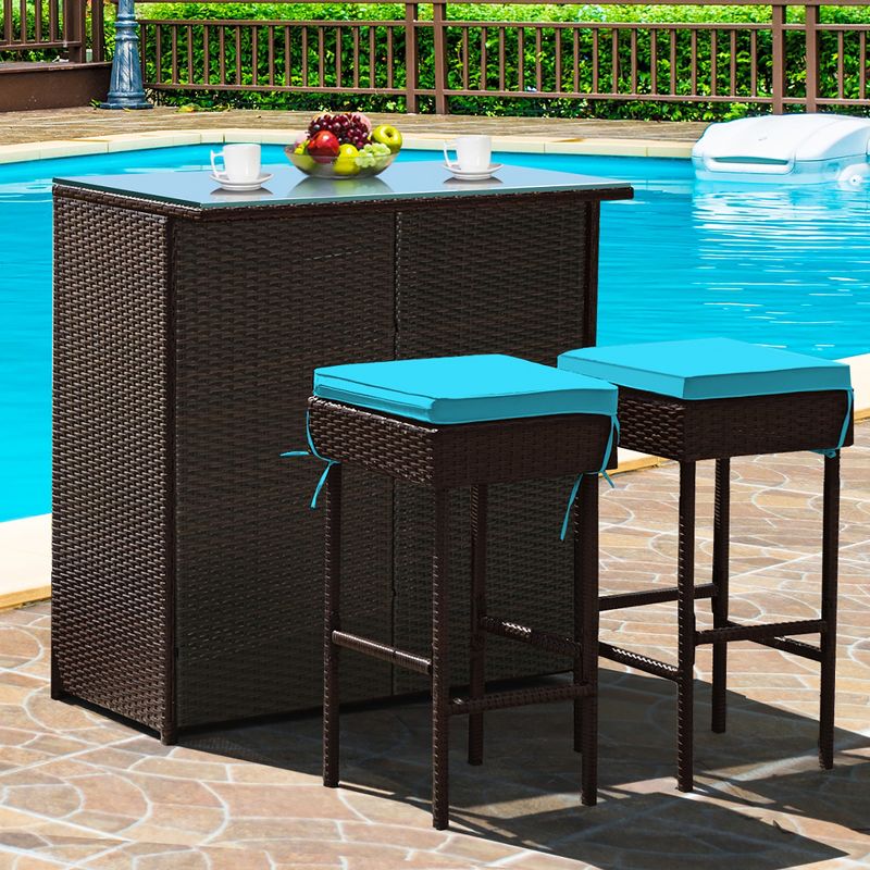 Costway 3PCS Patio Rattan Wicker Bar Table Stools Dining Set Cushioned Chairs Turquoise, 1 of 11