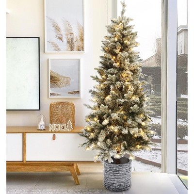 5.6 Ft Pre-Lit White Flocked Fir Christmas Tree with Gray Pot
