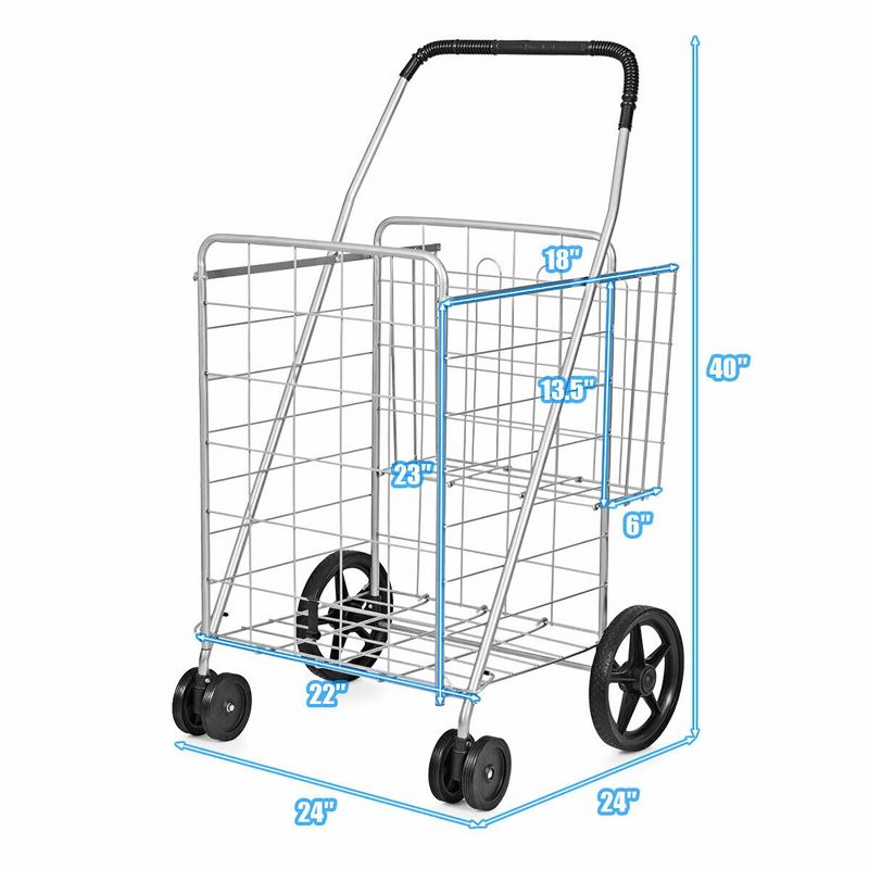 Costway Folding Shopping Cart Jumbo Basket Grocery Laundry with Swivel Wheels Black/Silver, 5 of 11