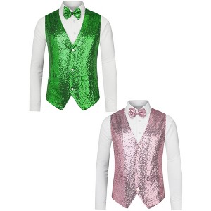 Lars Amadeus Men's Shiny Sequin Sleeveless Tuxedo Vest Set with Bow Tie 2 Packs - 1 of 4