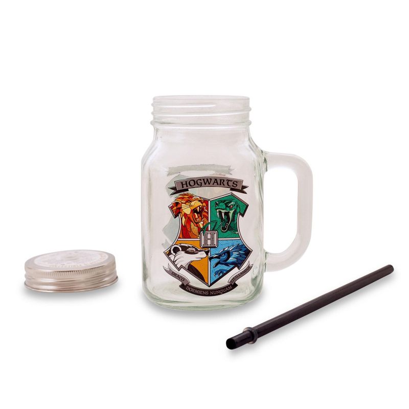 Silver Buffalo Harry Potter Hogwarts Crest 21 Ounce Glass Mason Jar With Lid and Straw, 2 of 7
