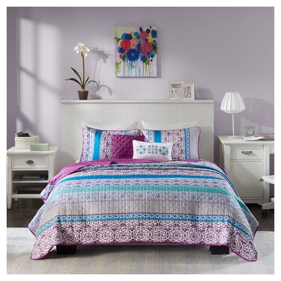 Boho Purple and Turquoise Reversible Microfiber Coverlet Set