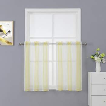 Vertical Stripe Linen Textured Voile Sheer Short Kitchen Curtains