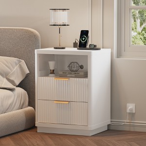 Fluted Farmhouse Night Stand, Fluted Nightstand with Charging Station, FlutedNightstand Bedroom with Drawers, Modern Mid Century Bedside Table - 1 of 4