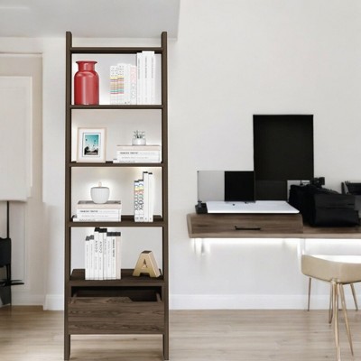 Alilang 15.35 Inch Ladder Bookshelf with Built-In Drawer and Tiered Shelves for Display and Storage - Walnut