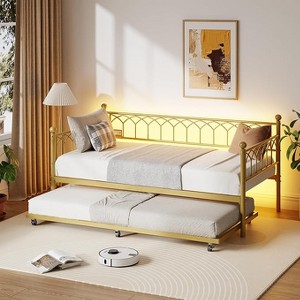 Coucheta Twin Sofa Bed with Trundle - Heavy Duty Metal Platform Frame with Charging Station & LED Lights, Multiple Colors - 1 of 4