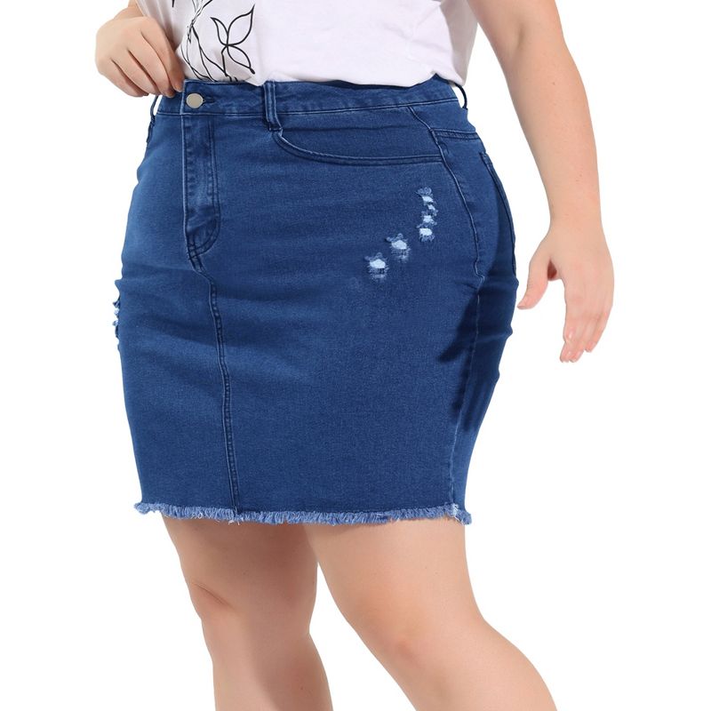 Agnes Orinda Women's Plus Size Raw Hem Denim Bodycon Skirt, 2 of 7