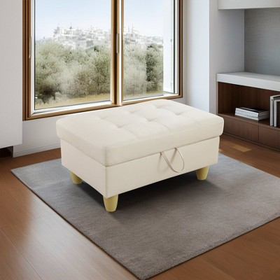 DOMETOUR Elegant White Faux Leather Storage Ottoman for Living Room or Bedroom