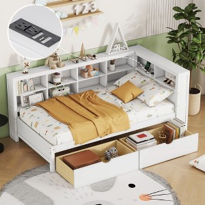 Twin/Full Size Wooden Daybed with 2 Drawers/Trundle, Storage Shelf and USB Charging Ports, 4Q -ModernLuxe - 1 of 4