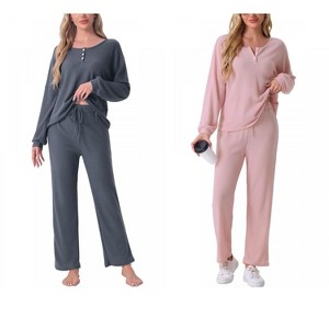cheibear Women's Waffle Knit Lounge Longsleeve Soft Pajama Set - 1 of 4